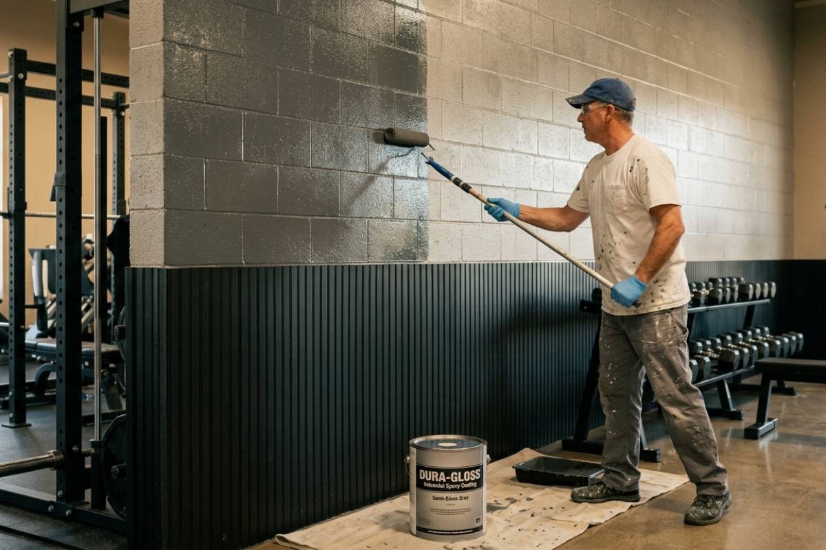 Semi-gloss washable paint system applied to commercial gym wall