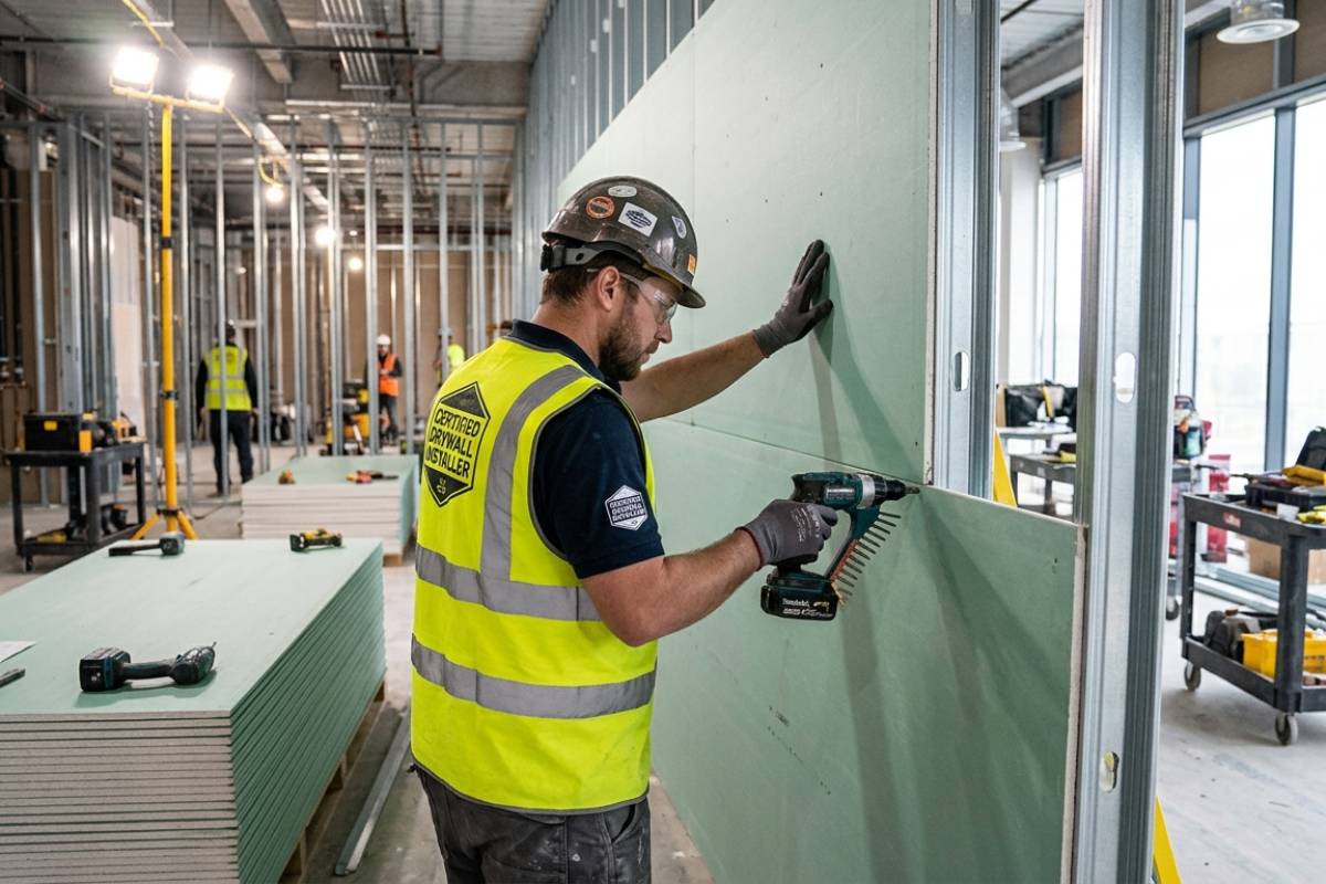 Licensed commercial plastering contractor installing gym wall systems