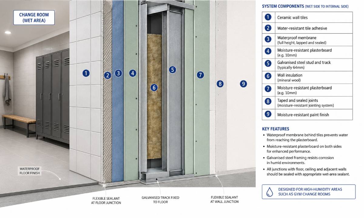Moisture-resistant plasterboard installation in a commercial gym change room